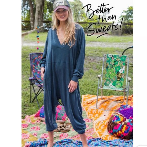 Natural Life Johnny Oversized 100% Cotton Muted Coastal Blue Relaxed Jumpsuit XS - Picture 1 of 9